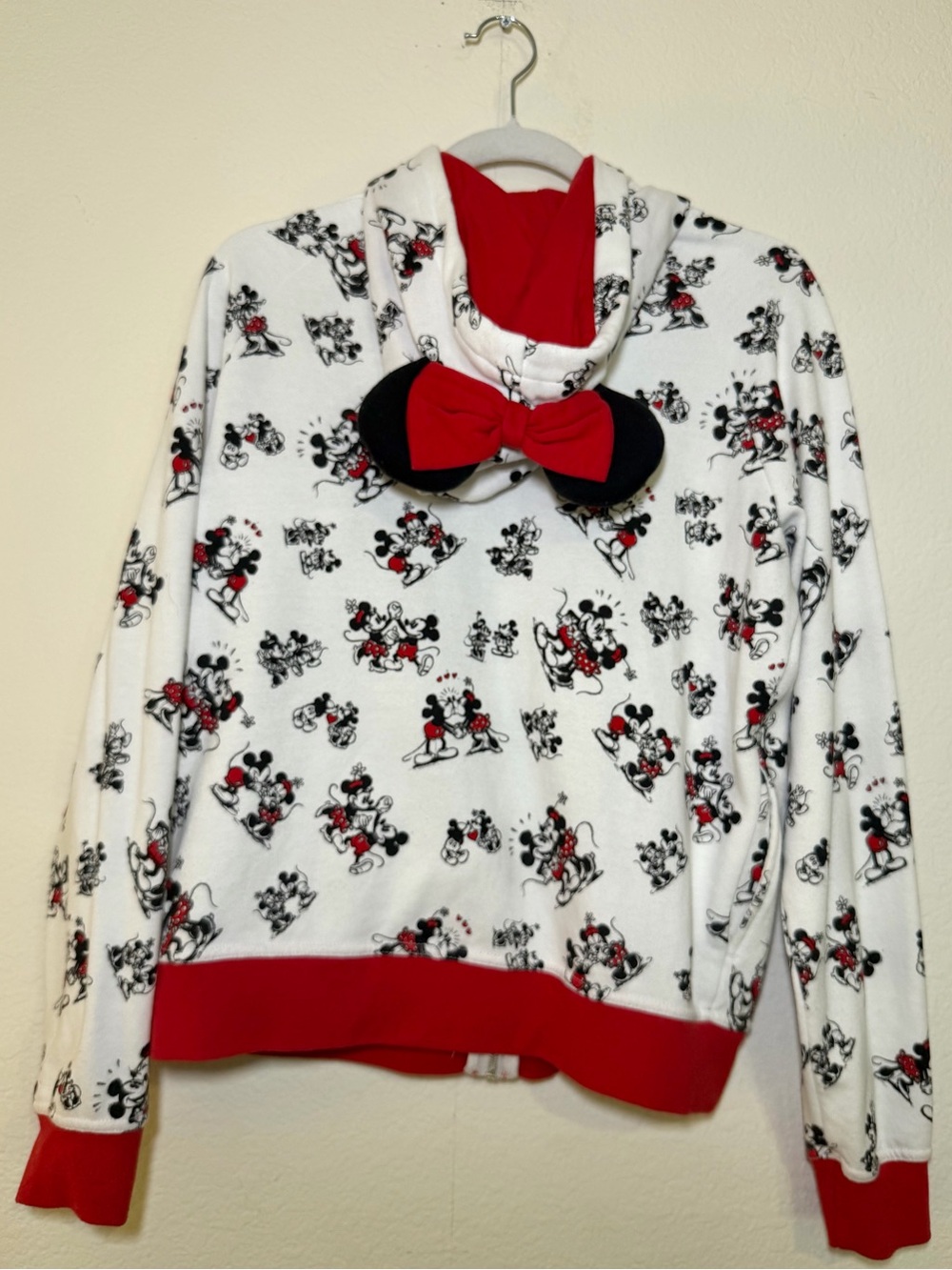 Disney White & Red Mickey Print Hooded  Sweatershirt with Bow Size M Woman